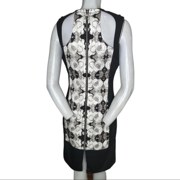 L.A.M.B. Black Grey Mirror Image Rose Print Sheath Dress with Cutouts. - Picture 3 of 5